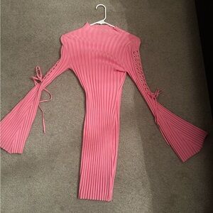 Pink Ribbed Knit Dress with Flared Sleeves